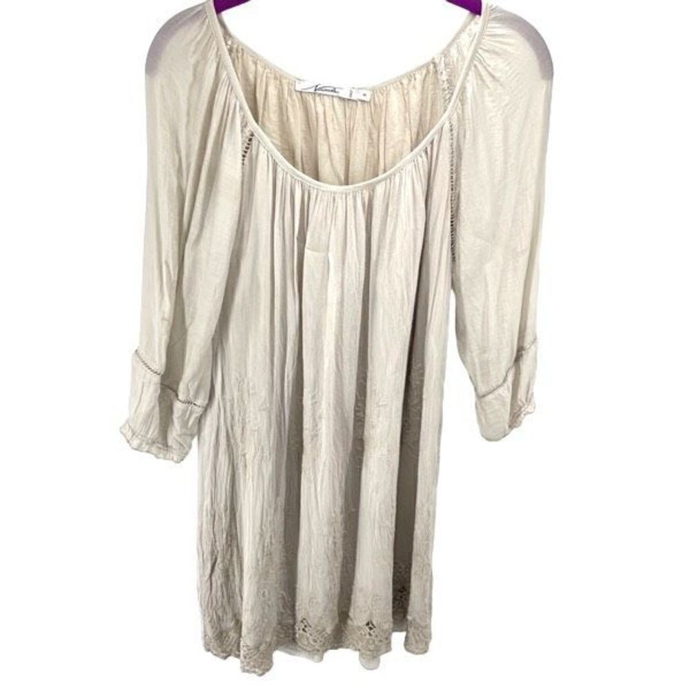 Nicole silk Shift Dress 3/4 Sleeve Embroidered Knee Length Boho Italy cream Smal